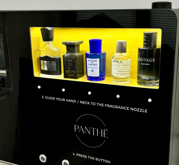 Luxury black Panthe perfume vending machine with touchscreen payment system and premium LED design