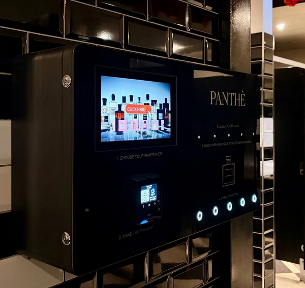 Black Panthe perfume vending machine with luxury fragrance display and cashless payment terminal
