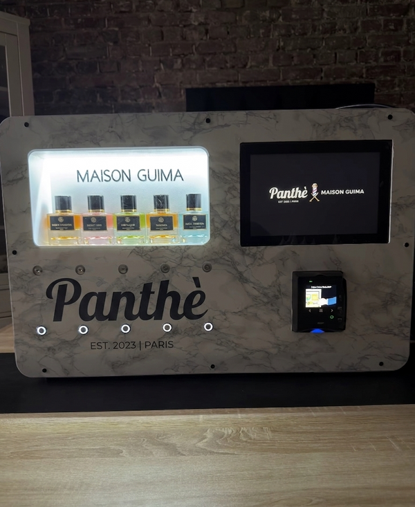 Premium white Panthe perfume vending machine with elegant modern design for luxury retail spaces